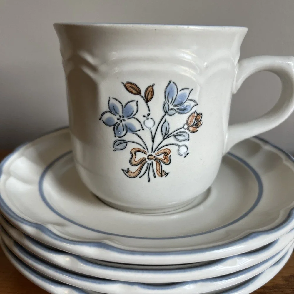 Vintage Cordella Collection Bluet Set Of 4 Saucers And 1 Coffee Cup Blue Floral